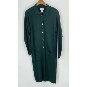 90s Vtg Talbots‎ Size Large Sweater Dress Forest Green Long Sleeve Button Front